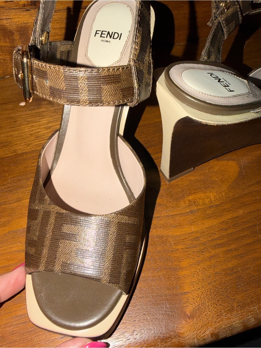 Fendi Brown Monogram Block Heel Sandals with Cream Platform size 38 (7.5).